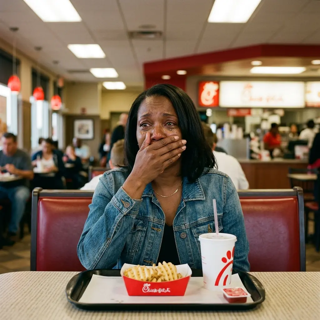 Woman emotionally overwhelmed at a restaurant