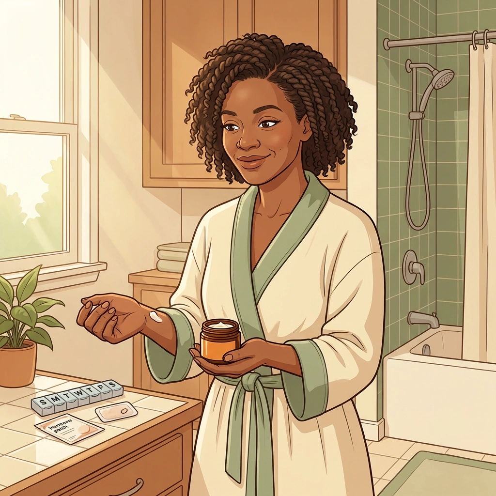 Bioidentical Hormones Atlanta — hormones your body actually recognizes Black woman in robe applying bioidentical hormone cream in bathroom — daily BHRT routine with pill organizer and hormone patches on counter in Atlanta
