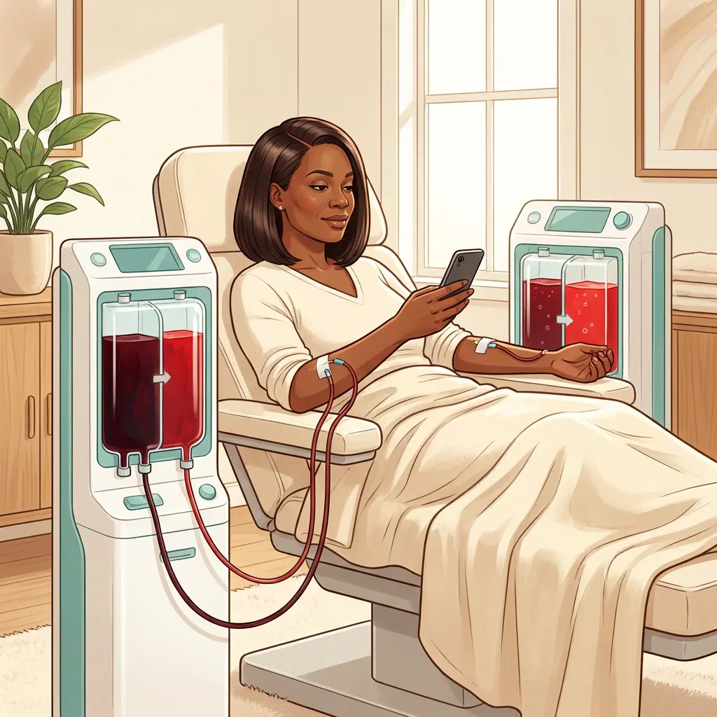 EBOO Ozone Therapy Atlanta — your blood, filtered and oxygenated at Pause & Reset Black woman relaxing during EBOO ozone therapy session at Pause & Reset in Atlanta — advanced blood filtration and oxygenation treatment in comfortable clinical setting