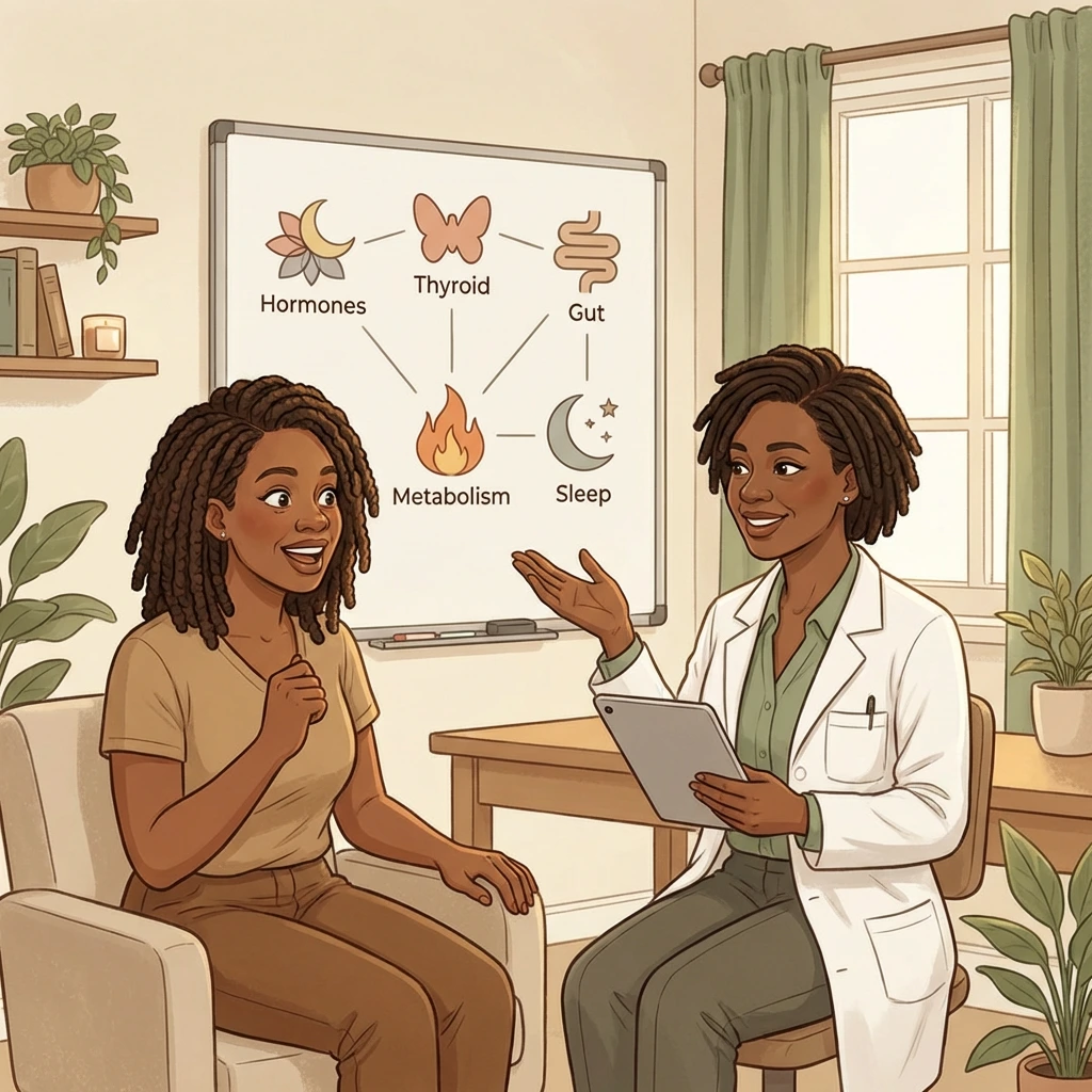 Functional Medicine Atlanta — root-cause hormone care Black female provider explaining interconnected hormone systems on whiteboard to patient — functional medicine consultation in Atlanta