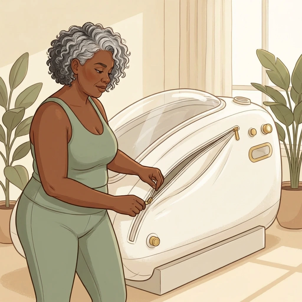 Hyperbaric Oxygen Therapy Atlanta — cellular-level recovery at Pause & Reset Woman entering a medical-grade hyperbaric oxygen chamber at Pause & Reset wellness center in Sandy Springs — HBOT for cellular recovery during menopause