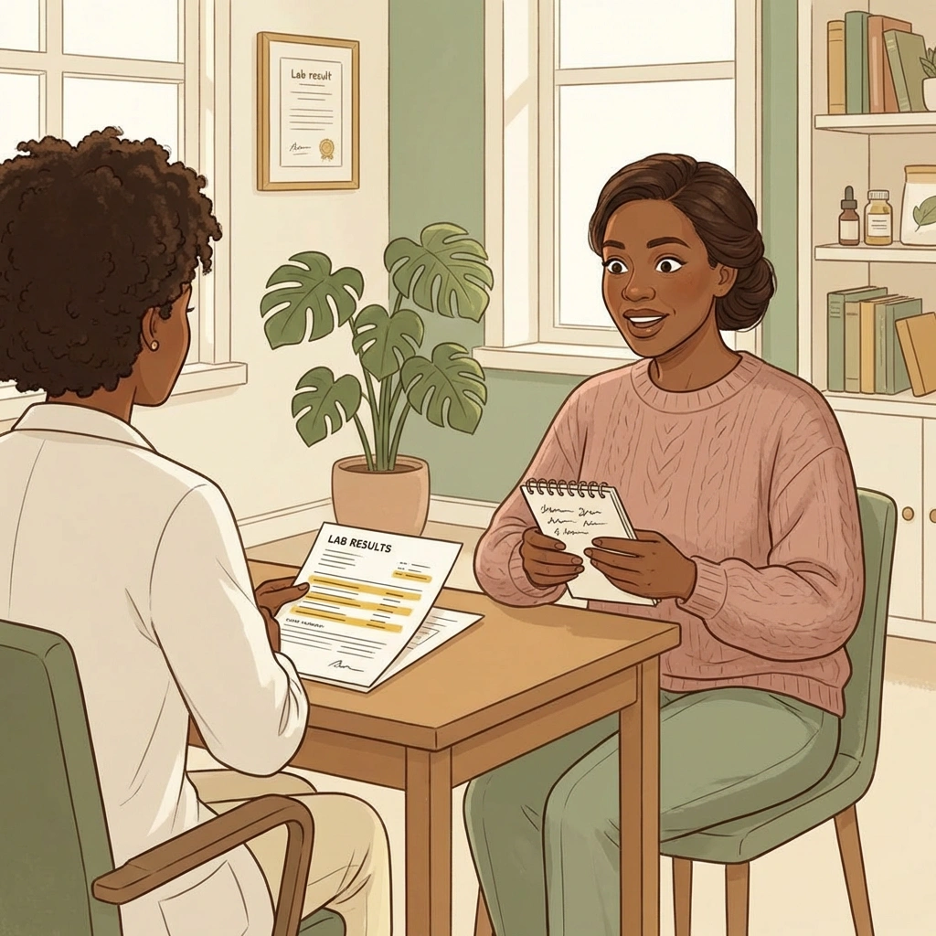 Hormone Specialist Atlanta — expert care built around your labs Black woman reviewing lab results with hormone specialist in Atlanta — warm consultation with notes and personalized treatment plan