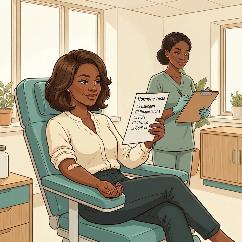 Hormone Testing Atlanta — because 'normal' labs aren't always normal Black woman in blood draw chair holding hormone test checklist — comprehensive hormone testing in Atlanta with 15+ markers