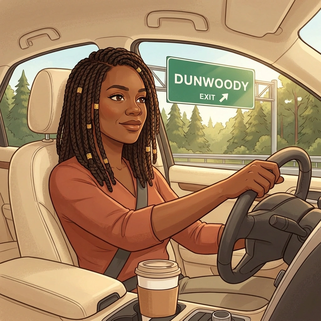 Hormone Therapy Dunwoody — expert care minutes from Perimeter Black woman with locs driving toward Dunwoody exit sign for hormone therapy appointment — easy access to care near Perimeter Mall
