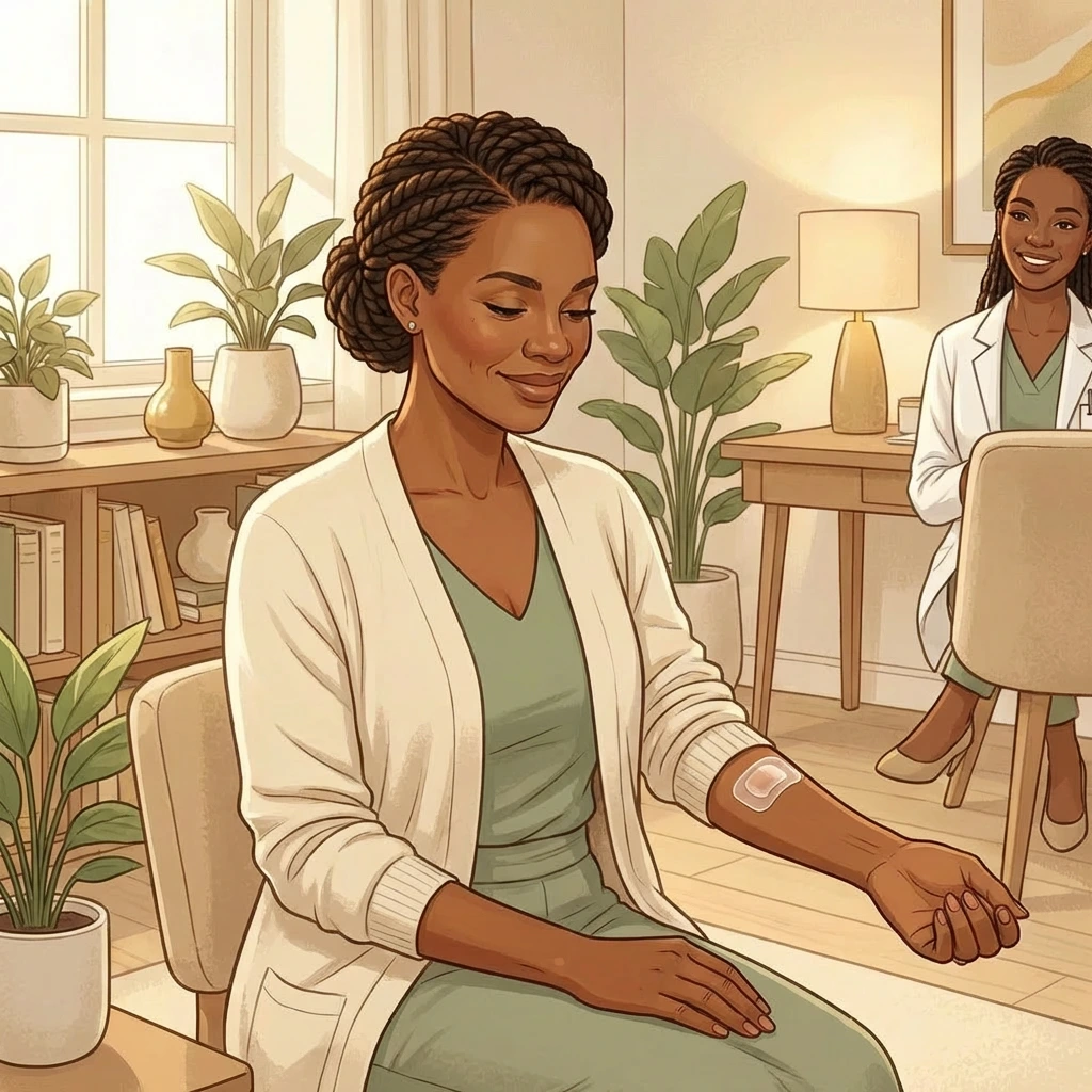 Hormone Replacement Therapy Atlanta — bioidentical HRT personalized to your body Black woman with hormone patch on forearm during bioidentical HRT consultation in Atlanta — calm confidence in warm clinical office