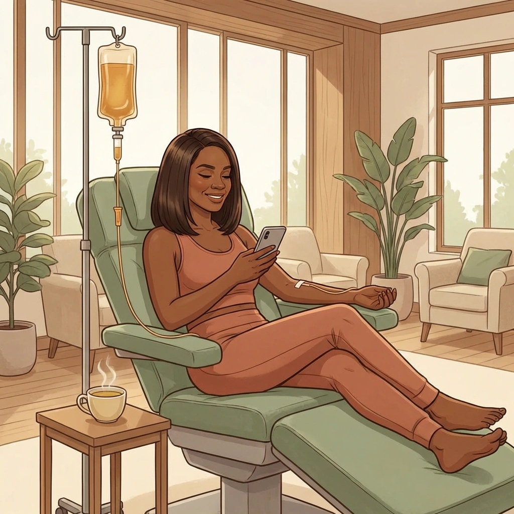 IV Therapy Atlanta — nutrients delivered straight to your cells Black woman relaxing in infusion chair with IV drip while scrolling phone — comfortable IV therapy session at Atlanta wellness clinic