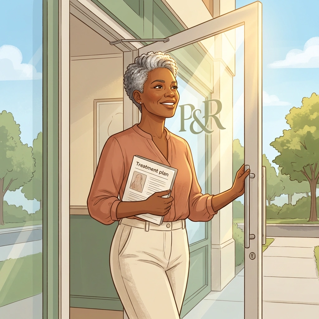 Menopause Specialist Atlanta — walking out with a real plan Silver-haired Black woman walking out of Pause & Reset clinic holding treatment plan — confident and cared for after menopause specialist visit in Atlanta