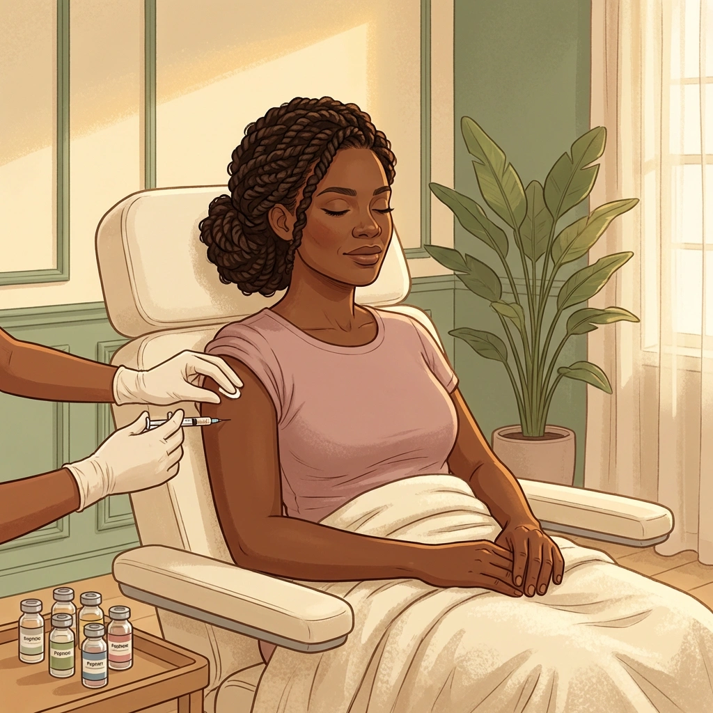 Peptide Therapy Atlanta — repair signals your body has been missing Black woman with twists receiving peptide injection in comfortable clinical setting — peptide therapy for recovery and vitality in Atlanta