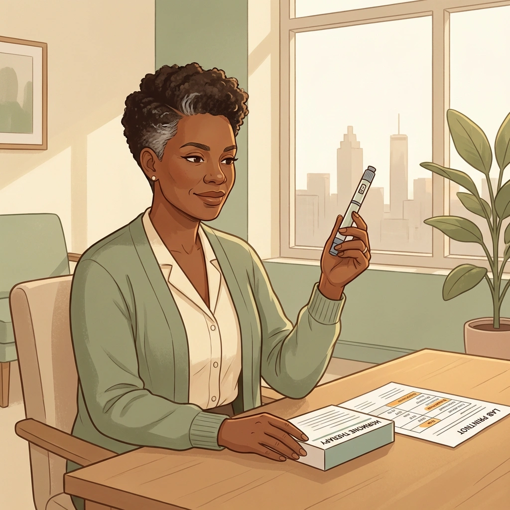 Semaglutide Weight Loss Atlanta — GLP-1 therapy with hormone-informed care Black woman with silver-streaked hair holding semaglutide injection pen at desk with hormone lab results — medically supervised weight loss in Atlanta