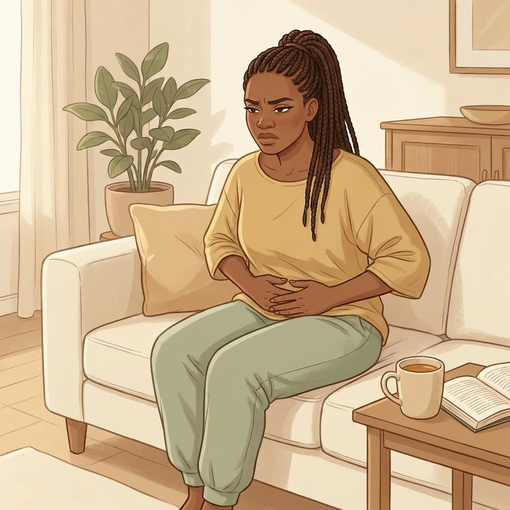 Menopause constipation — the gut changes hormones are driving Black woman with braids sitting on couch holding her stomach in discomfort — menopause constipation and digestive slowdown from hormonal shifts