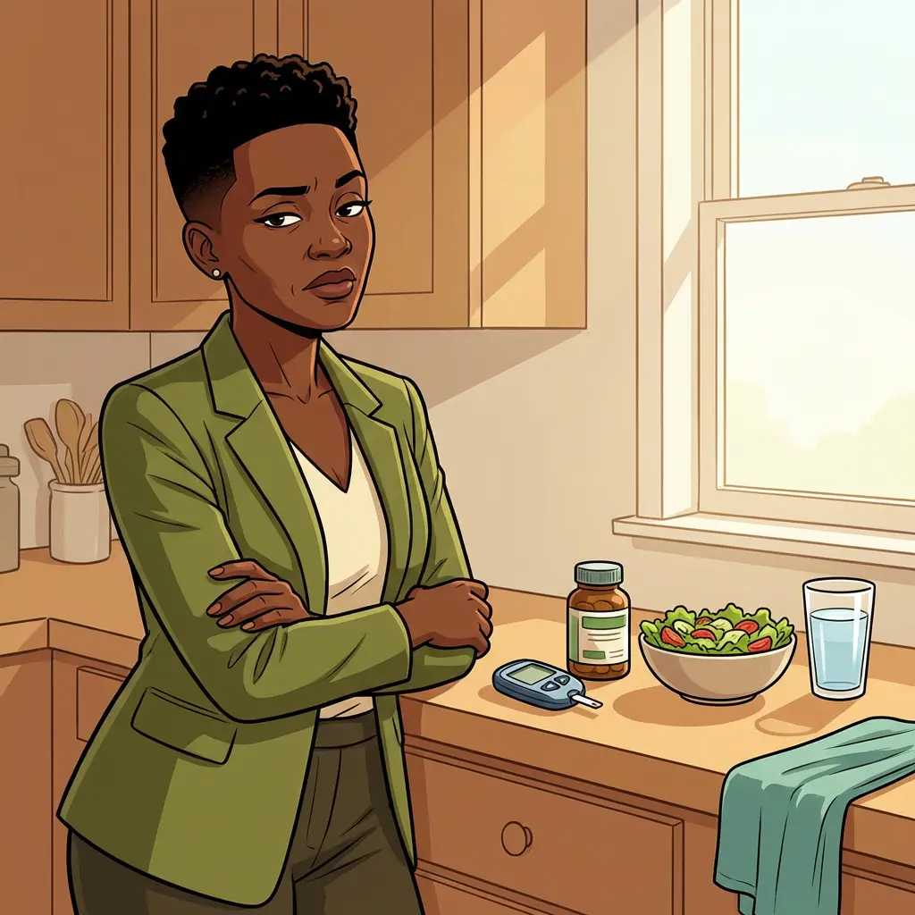 Menopause and diabetes — the metabolic shift no one warned you about Black woman in olive blazer standing in kitchen with arms crossed next to glucose monitor, supplements, salad, and water — managing menopause and diabetes risk