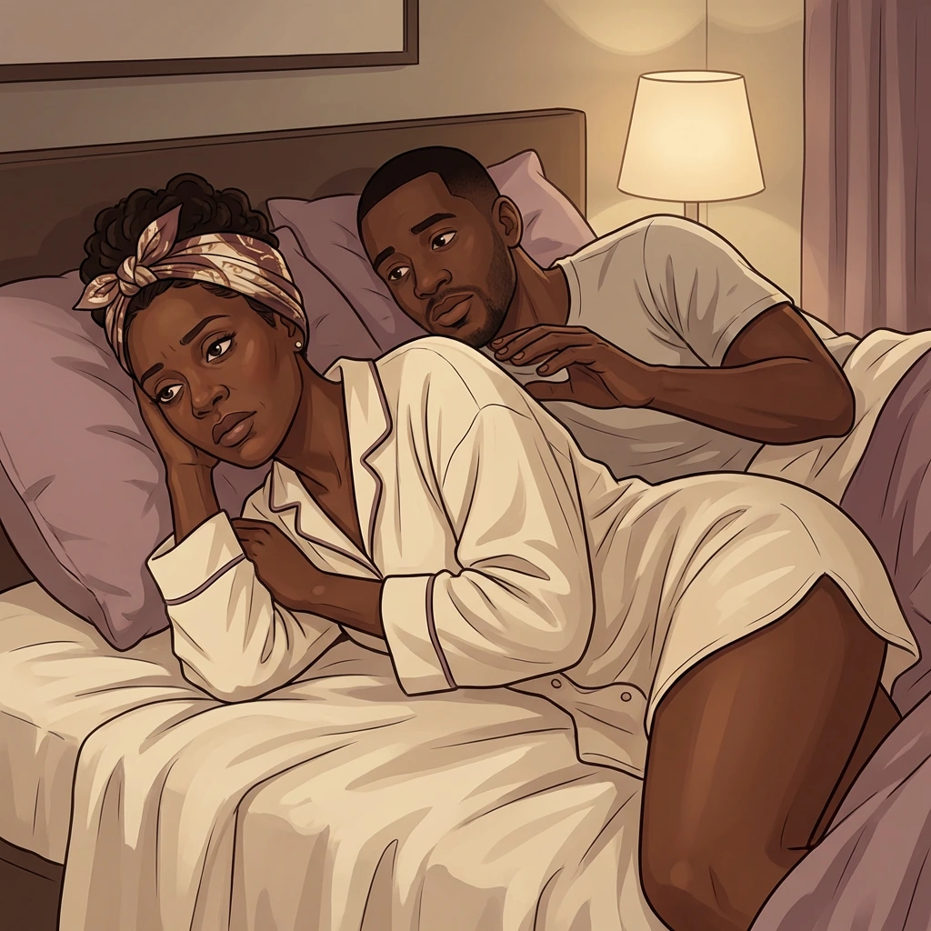 Menopause low libido — when desire disappears Couple lying in bed with emotional distance, illustrating the impact of menopause low libido on intimacy