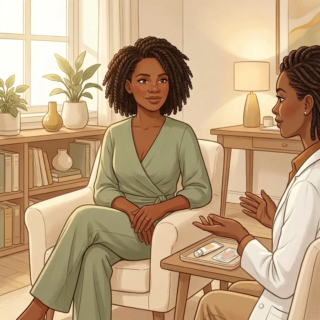 Bioidentical Hormone Therapy — replacing what your body recognizes Black woman in sage wrap dress consulting with physician about bioidentical hormone therapy — warm clinical office with hormone patch samples on table