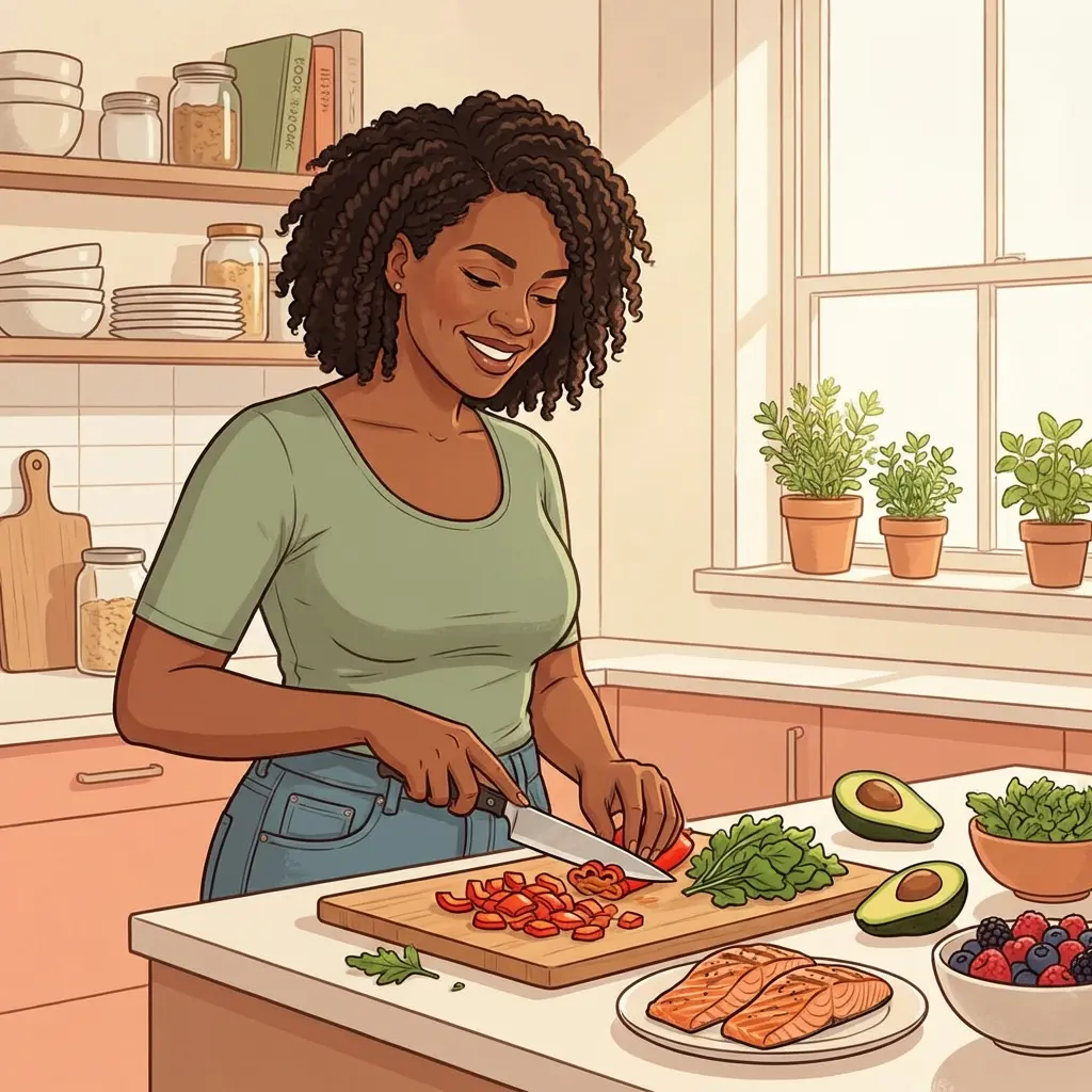 Nutrition & Metabolic Support — eating for your new metabolism Black woman chopping fresh vegetables and preparing salmon in her kitchen — menopause nutrition and metabolic support through whole foods