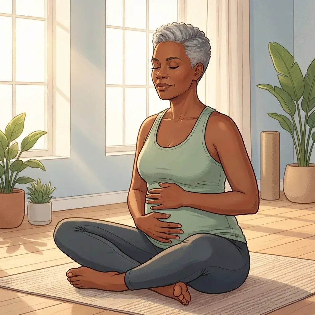 Pelvic Floor Support — rebuilding strength and confidence Silver-haired Black woman seated cross-legged on yoga mat practicing pelvic floor breathing — hands on lower abdomen in peaceful sunlit studio