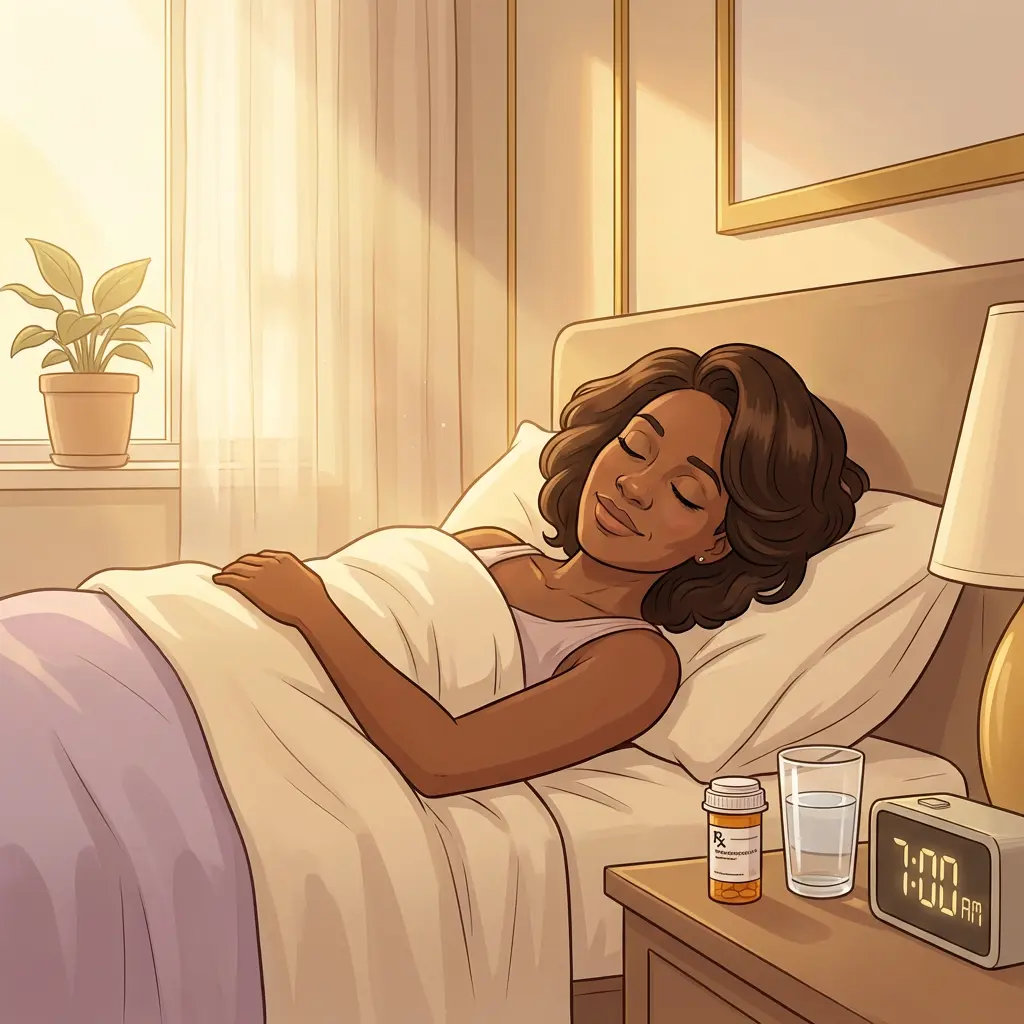 Progesterone Support — the calming hormone your body is missing Black woman sleeping peacefully through the night with progesterone support — prescription bottle and glass of water on nightstand
