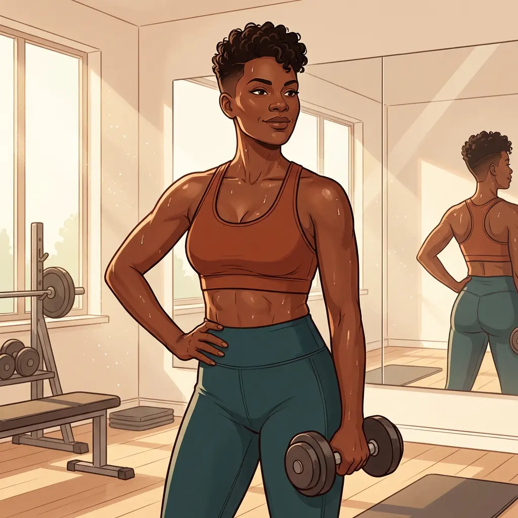 Testosterone Therapy for Women — the hormone nobody tested Strong Black woman holding dumbbell in gym after workout — testosterone therapy restoring energy, muscle tone, and vitality during menopause